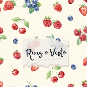 May include: A seamless digital pattern featuring watercolor illustrations of strawberries, blueberries, raspberries, and cherries on a cream background. The text Rang o Vesto DIGITAL SEAMLESS PATTERN is centered in a white rectangular overlay.