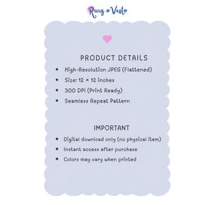 May include: A digital download graphic with a light blue scalloped border. The text includes "Product Details" and "Important" information. The size is 12 x 12 inches. The graphic is a seamless repeat pattern.