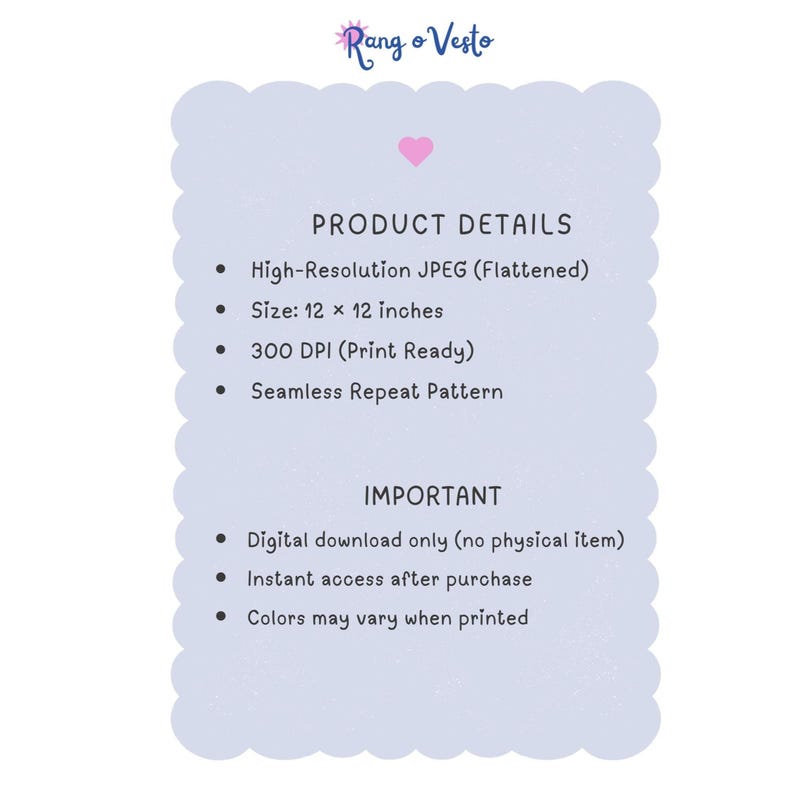 May include: A digital download graphic with a light blue scalloped border. The text includes "Product Details" and "Important" information. The size is 12 x 12 inches. The graphic is a seamless repeat pattern.