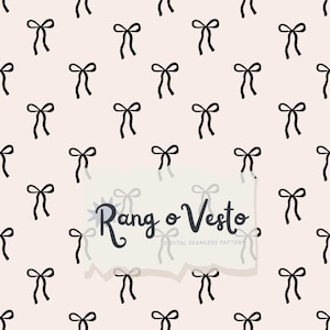 May include: A seamless pattern featuring small black hand-drawn bows arranged in a repeating grid on a pale pink background. Centered over the pattern is a light-colored rectangular overlay with the text Rang o Vesto in dark script.