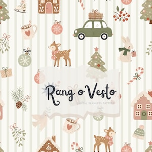 Könnte beinhalten: Ein nahtloses digitales Muster mit weihnachtlichen Illustrationen, darunter grüne Autos mit Geschenken, Hirsche mit Schals, Hasen, Lebkuchenhäuser, Tassen, Ornamente und Tannenbäume auf einem weiß-beigen gestreiften Hintergrund mit dem Text Rang o Vesto.