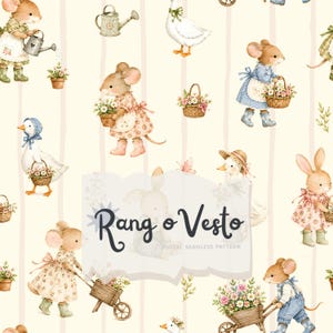 May include: A seamless digital pattern featuring watercolor illustrations of mice, ducks, and rabbits in garden settings with flowers, watering cans, and wheelbarrows on a cream striped background. The text Rang o Vesto is centered.