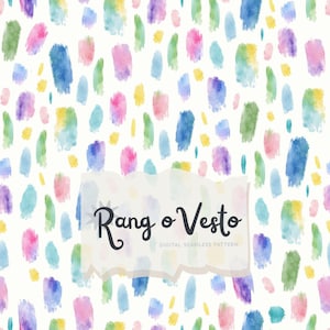 Puede incluir: Un patrón digital sin costuras con fondo blanco y pinceladas de acuarela dispersas en tonos azul, verde, rosa, morado y amarillo. Una superposición central muestra el texto Rang o Vesto DIGITAL SEAMLESS PATTERN.