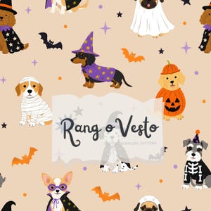 May include: A seamless digital pattern on a light beige background featuring various dog breeds in Halloween costumes, including mummies, pumpkins, wizards, and skeletons, interspersed with orange and black bats, stars, and dots, with the text Rang o Vesto.