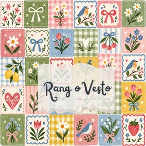 Puede incluir: Un patrón digital sin costuras con una cuadrícula de azulejos cuadrados con ilustraciones de flores, pájaros, cerezas, corazones y lazos en tonos pastel. El texto Rang o Vesto está centrado sobre el patrón en una fuente cursiva gris oscuro.