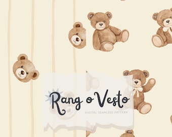 May include: A digital seamless pattern with watercolour illustrations of brown teddy bears on a cream background with vertical stripes. The bears are in various poses, some with bows. The text "Rang o Vesto" is also present.