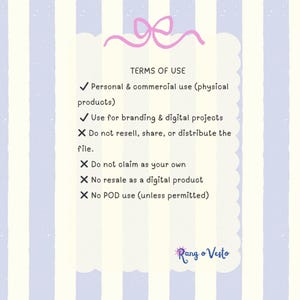 May include: A digital graphic with a light blue and white striped background. The text "TERMS OF USE" is at the top, followed by bullet points detailing permitted and prohibited uses. A pink bow and the "Rang o Vesto" logo are also present.