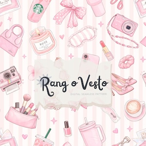 May include: A seamless pattern featuring various pink accessories and beauty items. Includes a pink handbag, camera, high heels, makeup, Starbucks cup, and a candle. The text "Rang o Vesto" is also present.
