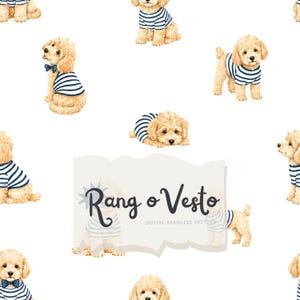 May include: A seamless digital pattern featuring light brown curly-haired puppies wearing blue and white striped shirts. Some puppies wear small blue bow ties. The text Rang o Vesto DIGITAL SEAMLESS PATTERN is centered over the repeating design.