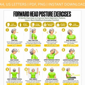 May include: A digital instructional chart titled Forward Head Posture Exercises featuring 12 numbered illustrations of a person in a green shirt performing neck and upper back stretches with descriptive text and repetition counts for each movement.