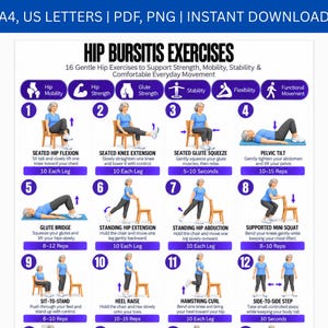 May include: A digital chart titled Hip Bursitis Exercises featuring 12 numbered illustrations of a person performing physical therapy movements. The layout includes purple headers, instructional text for each exercise, and repetition counts.