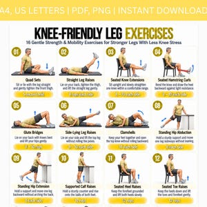 Könnte beinhalten: Eine digitale Übersicht mit dem Titel Knee-Friendly Leg Exercises, die 16 Illustrationen einer Person bei Kraft- und Mobilitätsübungen zeigt. Der Text enthält A4, US Letters, PDF, PNG, Instant Download und Anleitungen für jede Übung.