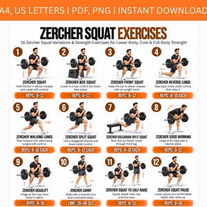 Puede incluir: Un póster instructivo digital titulado ZERCHER SQUAT EXERCISES que presenta 12 ilustraciones numeradas de una persona realizando varios ejercicios de fuerza con barra. El fondo blanco incluye descripciones en texto negro y resaltados en naranja.