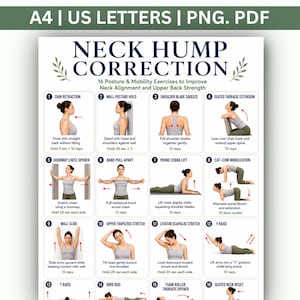 May include: A digital instructional chart titled Neck Hump Correction featuring 16 numbered exercise illustrations. Each section includes a diagram of a person performing a specific movement, descriptive text, and repetition instructions for posture improvement.