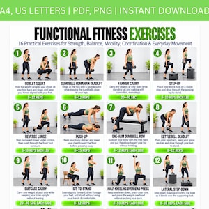 以下が含まれることがあります： FUNCTIONAL FITNESS EXERCISESというタイトルのデジタルフィットネスポスター。12個の番号付き説明パネルで構成されています。各パネルには、ダンベルやケトルベルを使った特定の運動を行う人物が描かれており、説明文と回数が記載されています。