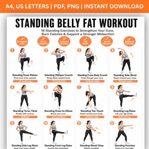 以下が含まれることがあります： Standing Belly Fat Workoutというタイトルのトレーニングチャートで、12の番号付きエクササイズイラストが掲載されています。各セクションには、青いスポーツウェアを着た人物が膝上げ、クランチ、レッグレイズなどの動作を行っている様子と、テキストによる説明が記載されています。