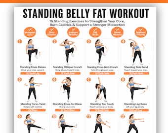 Standing Belly Fat Workout Printable | 16 Standing Ab Exercises | Core & Waist Workout Chart | Home Fitness PDF