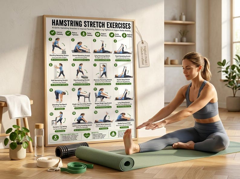 以下が含まれることがあります： Hamstring Stretch Exercisesというタイトルの長方形の壁掛けポスター。16種類の脚のストレッチ運動の図解と緑色のチェックマーク、説明文が記載されており、明るい木製のフレームに入れられ、Digital Printと書かれたタグがぶら下がっています。