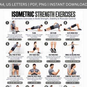 Puede incluir: Un póster instructivo blanco titulado ISOMETRIC STRENGTH EXERCISES que presenta 16 paneles numerados con ilustraciones de personas realizando ejercicios como sentadillas en pared, planchas y puentes de glúteos, con instrucciones y tiempos.