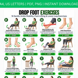Może przedstawiać: Cyfrowa tabela ćwiczeń zatytułowana DROP FOOT EXERCISES zawierająca 16 ponumerowanych ilustracji ruchów fizjoterapeutycznych dla mobilności stawu skokowego, wraz z instrukcjami tekstowymi i liczbą powtórzeń dla każdego ćwiczenia.