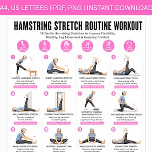 May include: A white instructional poster titled Hamstring Stretch Routine Workout featuring twelve numbered illustrations of a person performing various stretches, with descriptive text and pink circular icons for each exercise.
