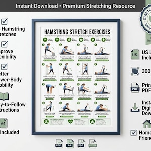 以下が含まれることがあります： Hamstring Stretch Exercisesと題されたデジタルポスターで、様々なストレッチを行う人物の16の番号付きイラストが掲載されています。このチャートには、テキストによる指示、柔軟性と可動性を示すアイコン、A4およびUSレターサイズのラベルが含まれています。