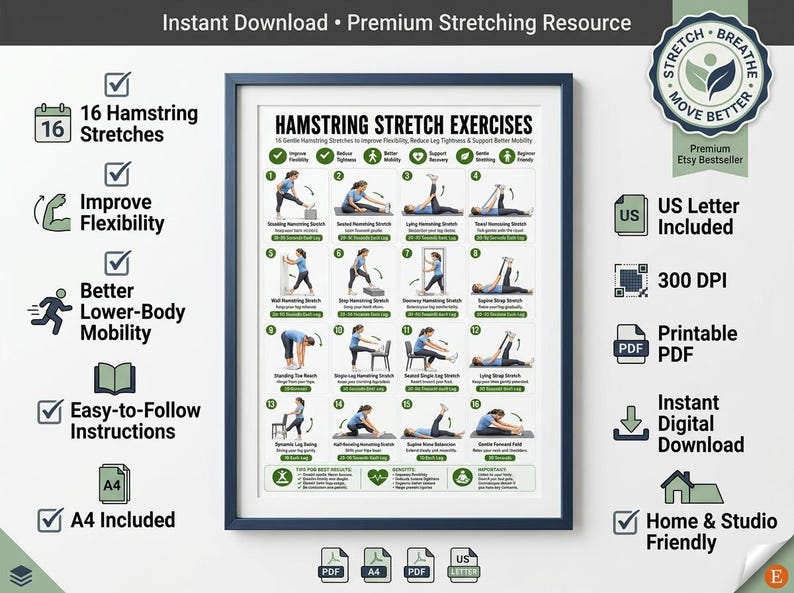 以下が含まれることがあります： Hamstring Stretch Exercisesと題されたデジタルポスターで、様々なストレッチを行う人物の16の番号付きイラストが掲載されています。このチャートには、テキストによる指示、柔軟性と可動性を示すアイコン、A4およびUSレターサイズのラベルが含まれています。