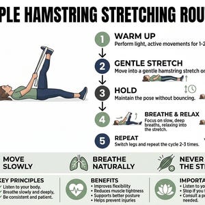 以下が含まれることがあります： Simple Hamstring Stretching Routineというタイトルのインフォグラフィック。ストラップを使って脚を伸ばす人のイラストを用いた5段階のガイドと、呼吸、ゆっくりとした動作、安全原則に関するアイコンが記載されています。