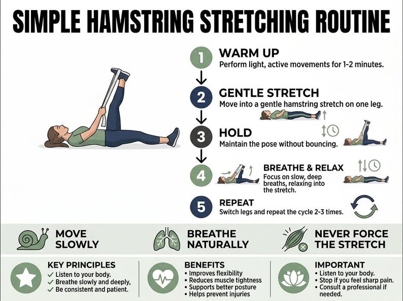 以下が含まれることがあります： Simple Hamstring Stretching Routineというタイトルのインフォグラフィック。ストラップを使って脚を伸ばす人のイラストを用いた5段階のガイドと、呼吸、ゆっくりとした動作、安全原則に関するアイコンが記載されています。