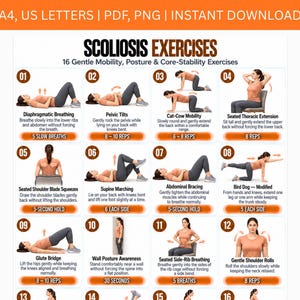 May include: A digital chart titled Scoliosis Exercises featuring 16 numbered illustrations of a person in a peach-colored shirt and gray leggings performing various mobility, posture, and core-stability movements with text instructions.