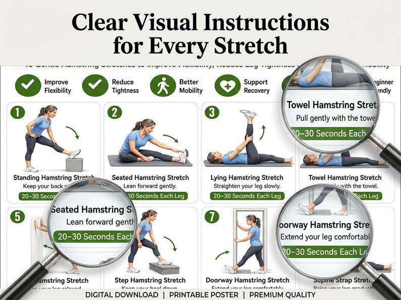 以下が含まれることがあります： Clear Visual Instructions for Every Stretchというタイトルのデジタルポスター。ハムストリングスのストレッチ方法を示す番号付きのイラストが並んでいます。立ち姿勢、座り姿勢、寝姿勢、ドア枠を使ったストレッチの図解とテキストラベルが含まれています。