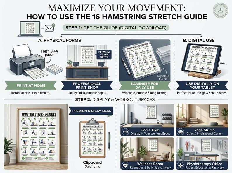 以下が含まれることがあります： MAXIMIZE YOUR MOVEMENT: HOW TO USE THE 16 HAMSTRING STRETCH GUIDEというタイトルの説明用インフォグラフィック。デジタルダウンロードの手順、印刷オプション、ラミネート加工、タブレットでの使用、フレームやクリップボードを使用した様々な展示方法が図解されています。