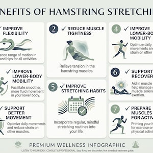 以下が含まれることがあります： BENEFITS OF HAMSTRING STRETCHINGと題された7つの番号付きセクションからなるインフォグラフィック。様々なストレッチや運動を行う人々のイラストが描かれており、柔軟性の向上、筋肉の緊張緩和、可動域の改善といった利点を説明するテキストが添えられています。