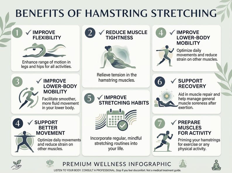 以下が含まれることがあります： BENEFITS OF HAMSTRING STRETCHINGと題された7つの番号付きセクションからなるインフォグラフィック。様々なストレッチや運動を行う人々のイラストが描かれており、柔軟性の向上、筋肉の緊張緩和、可動域の改善といった利点を説明するテキストが添えられています。