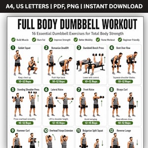 May include: A white informational poster titled FULL BODY DUMBBELL WORKOUT featuring 16 numbered exercise illustrations with text instructions, rep counts, and green checkmarks. The layout includes A4 and US Letter format options for download.