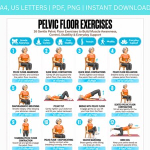 May include: A digital instructional chart titled Pelvic Floor Exercises featuring 12 numbered illustrations of a person performing various movements. The white poster includes blue icons, descriptive text for each exercise, and repetition counts.