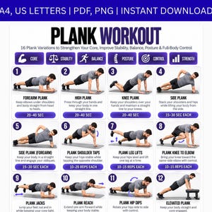 May include: A digital workout chart titled PLANK WORKOUT featuring 12 numbered illustrations of exercises. Each section includes a graphic of a person performing a plank variation, descriptive text, and duration or repetition counts in purple boxes.