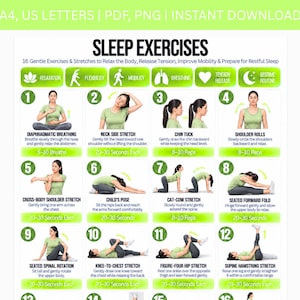 Könnte beinhalten: Eine digitale Übersicht mit dem Titel SLEEP EXERCISES, die 16 nummerierte Illustrationen einer Person bei Dehnübungen und Atemtechniken zeigt. Das Layout enthält grüne Überschriften, Symbole und erklärende Texte für jede der dargestellten Bewegungen.