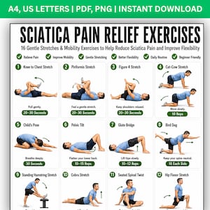 Sciatica Pain Relief Exercises Printable PDF | Lower Back Stretch Routine | Sciatic Nerve Glide & Hip Mobility Exercise Chart