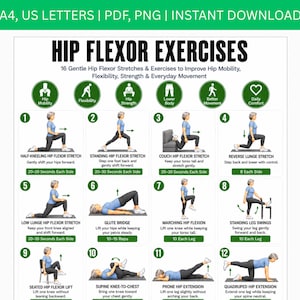 Może przedstawiać: Biały plakat instruktażowy zatytułowany Hip Flexor Exercises zawierający dwanaście numerowanych ilustracji osoby w niebieskim ubraniu wykonującej różne ćwiczenia rozciągające i ruchy z opisami tekstowymi oraz zielonymi akcentami.