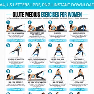 Puede incluir: Una tabla de ejercicios digital titulada Glute Medius Exercises for Women, con 12 ilustraciones numeradas de una persona realizando varios movimientos. El diseño incluye instrucciones de texto y repeticiones sobre un fondo blanco.
