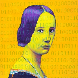 Pode incluir: Uma pintura de uma mulher com cabelo roxo sobre um fundo amarelo. O fundo é coberto com um padrão de código binário.