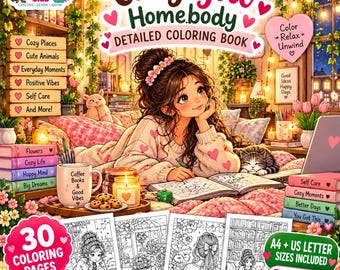 May include: A digital colouring book cover titled Cozy Girl Homebody Detailed Colouring Book featuring an illustration of a person drawing in a book, surrounded by a cosy room, a cat, a mug, cookies, and four sample colouring pages below.