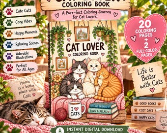 May include: A Cat Lover colouring book featuring an illustration of three cats on a pink sofa, a mug labelled I Love Cats, and a stack of books. The cover includes the text Cat Lover Colouring Book, 20 colouring pages, and Life is Better with Cats.