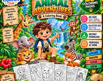 May include: A digital colouring book titled Little Explorer Animal Adventures featuring a cartoon child with a backpack and binoculars surrounded by a giraffe, elephant, lion, monkey, zebra, and fox in a jungle with a waterfall and 23 pages.