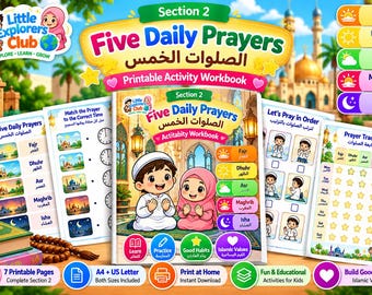 May include: A printable activity workbook titled Section 2 Five Daily Prayers featuring colourful illustrations of children praying, a prayer tracker, and matching exercises. The pages include text in English and Arabic, icons for daily prayer times, and educational content for kids.