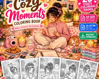 May include: A digital colouring book titled Cozy Moments featuring 25 pages, A4 and US Letter sizes. The cover shows a person reading a book with a cat, cookies, a camera, and candles. Includes four black and white colouring page samples.