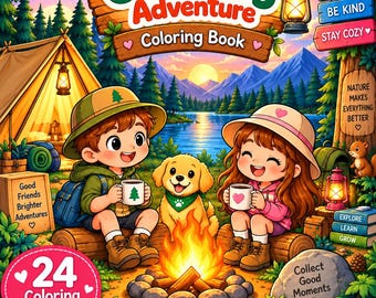 May include: A colouring book titled My Cozy Camping Adventure featuring a cartoon illustration of two children and a puppy sitting by a campfire. The cover includes text such as Little Explorers Club, 24 Colouring Pages, and A4 PDF + US Letter Printable.