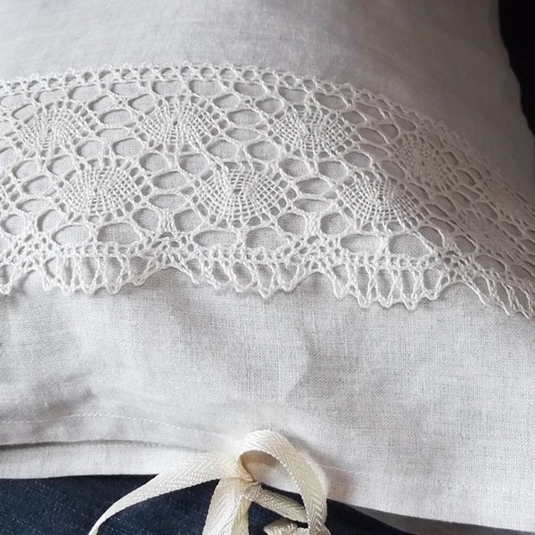 Lovely Natural Medium Beige Pure Linen Pillow Case Swedish Vintage Wide Lace. Open Closure with Four Ties.