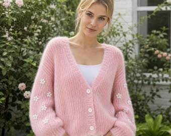 Crochet Sweater, Pink Flower Crochet Sweater Women, Handmade Crochet Sweater, Balloon Sleeve Cardigan, Gift for Her